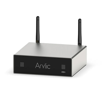 Arylic A50+ Wireless Streaming Amplifier with dual antennas and sleek black front panel, ideal for high-res audio streaming setups.