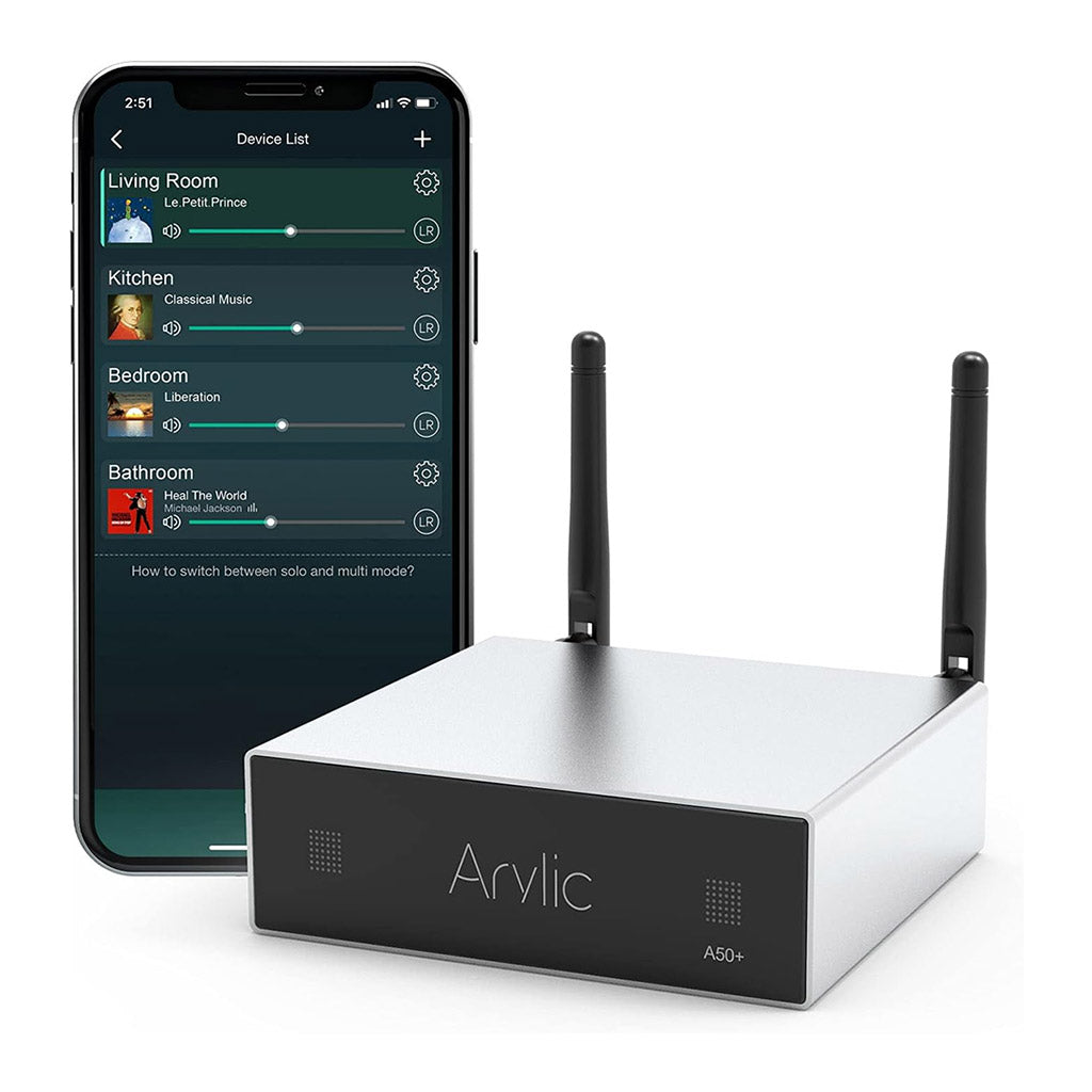 Arylic A50+ paired with smartphone app for managing multi-room audio zones like living room, kitchen, and bedroom seamlessly.