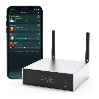 Arylic A50+ paired with smartphone app for managing multi-room audio zones like living room, kitchen, and bedroom seamlessly.