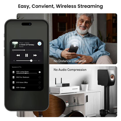 Arylic A50+ enables wireless streaming via smartphone with no distance limitation or audio compression, perfect for multi-room audio.