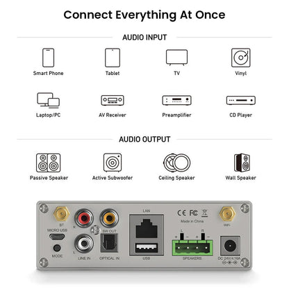 Arylic A50+ supports multiple audio inputs and outputs including smartphones, vinyl, ceiling speakers, and subwoofers for full integration.