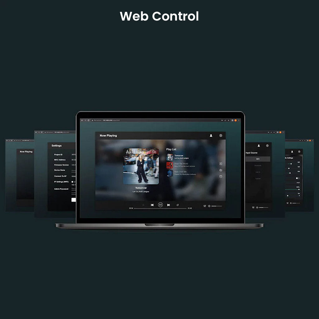 Web control interface for Arylic A50+ displayed on a laptop, allowing users to manage music playback and settings remotely.