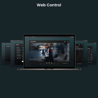 Web control interface for Arylic A50+ displayed on a laptop, allowing users to manage music playback and settings remotely.