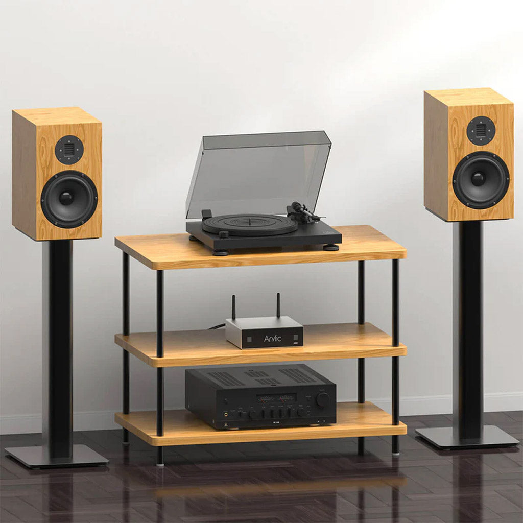 Arylic A50+ integrated into a stylish home audio setup with turntable and bookshelf speakers, enhancing vinyl playback experience.