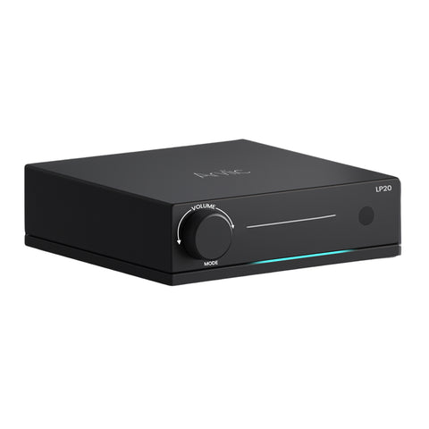 Arylic LP20 Wireless Music Streamer DAC & Amp with sleek black design, front volume knob, and LED indicator for high-res audio streaming.