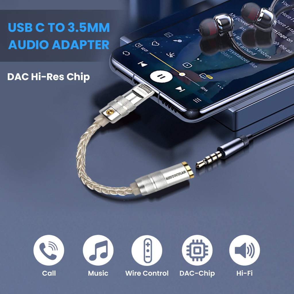 AUDIOCULAR D07 DAC Dongle connected to smartphone, showcasing USB-C to 3.5mm audio adapter with Hi-Res DAC chip for music and call support.