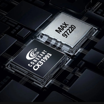 Close-up of Conexant CX31993 and MAX97220 chips used in AUDIOCULAR D07 DAC Dongle for premium audio decoding and amplification.