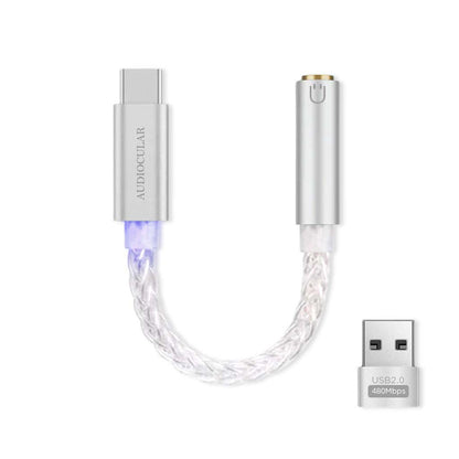AUDIOCULAR D08 CS Pro CS46L41 TypeC to 3.5mm DAC Dongle with braided cable and USB-C to 3.5mm jack, ideal for high-res audio output.