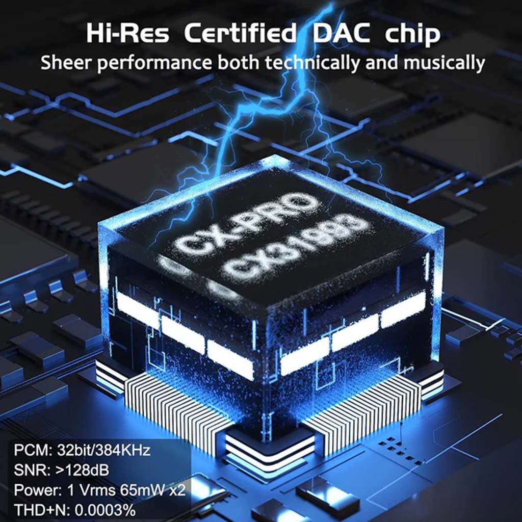 Close-up of CX31993 Hi-Res DAC chip used in AUDIOCULAR D10 Dongle, showcasing 32bit/384kHz audio specs and low distortion.