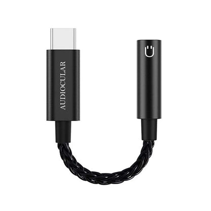 Black AUDIOCULAR USB-C to 3.5mm DAC Dongle with braided cable, designed for clear audio and universal compatibility.