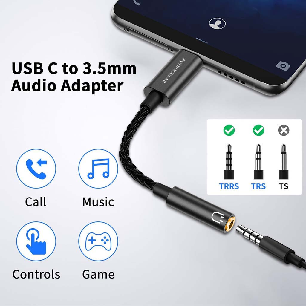 AUDIOCULAR D10 DAC Dongle in black, connected to smartphone, supporting TRRS, TRS, and TS plugs for music, calls, and gaming.