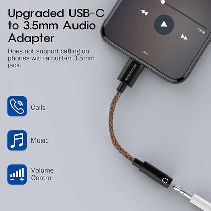 AUDIOCULAR upgraded USB-C to 3.5mm DAC Dongle supports calls, music, and volume control with durable braided cable.