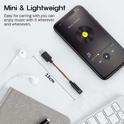 Compact 13cm AUDIOCULAR DAC Dongle with USB-C to 3.5mm connection, ideal for portable music listening on the go.