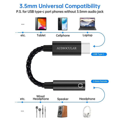 Compatibility guide for AUDIOCULAR D10 DAC Dongle showing support for USB-C tablets, phones, and 3.5mm headphones and speakers.
