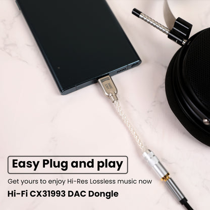 AUDIOCULAR D10 DAC Dongle plugged into smartphone with headphones, promoting Hi-Res lossless music and easy plug-and-play use.