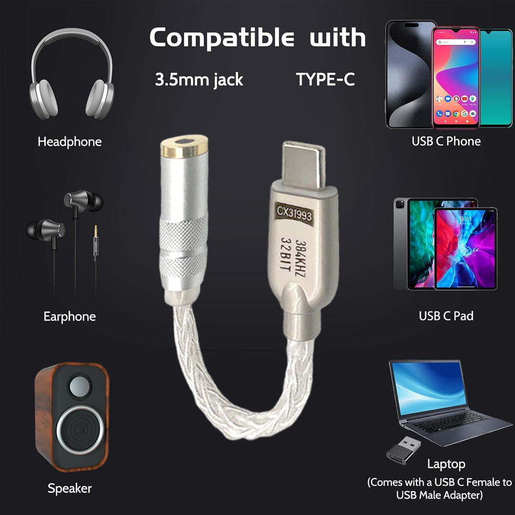 Compatibility chart for AUDIOCULAR D10 DAC Dongle showing support for USB-C phones, tablets, laptops, and 3.5mm audio devices.