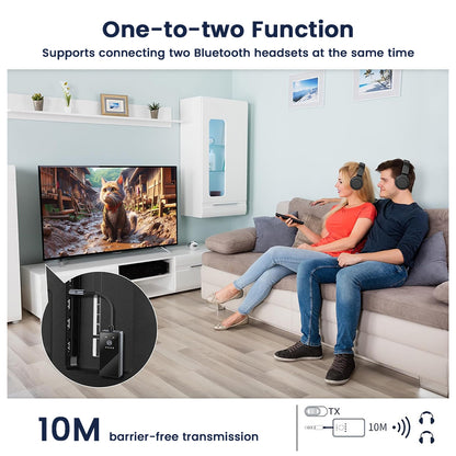 AUDIOCULAR – EB01 Bluetooth Adapter supports dual headphone connection with 10M range, ideal for shared TV watching with wireless headsets.