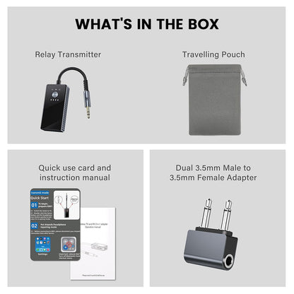 AUDIOCULAR – EB01 Bluetooth Transmitter package includes relay transmitter, travel pouch, manual, and dual 3.5mm male to female adapter.