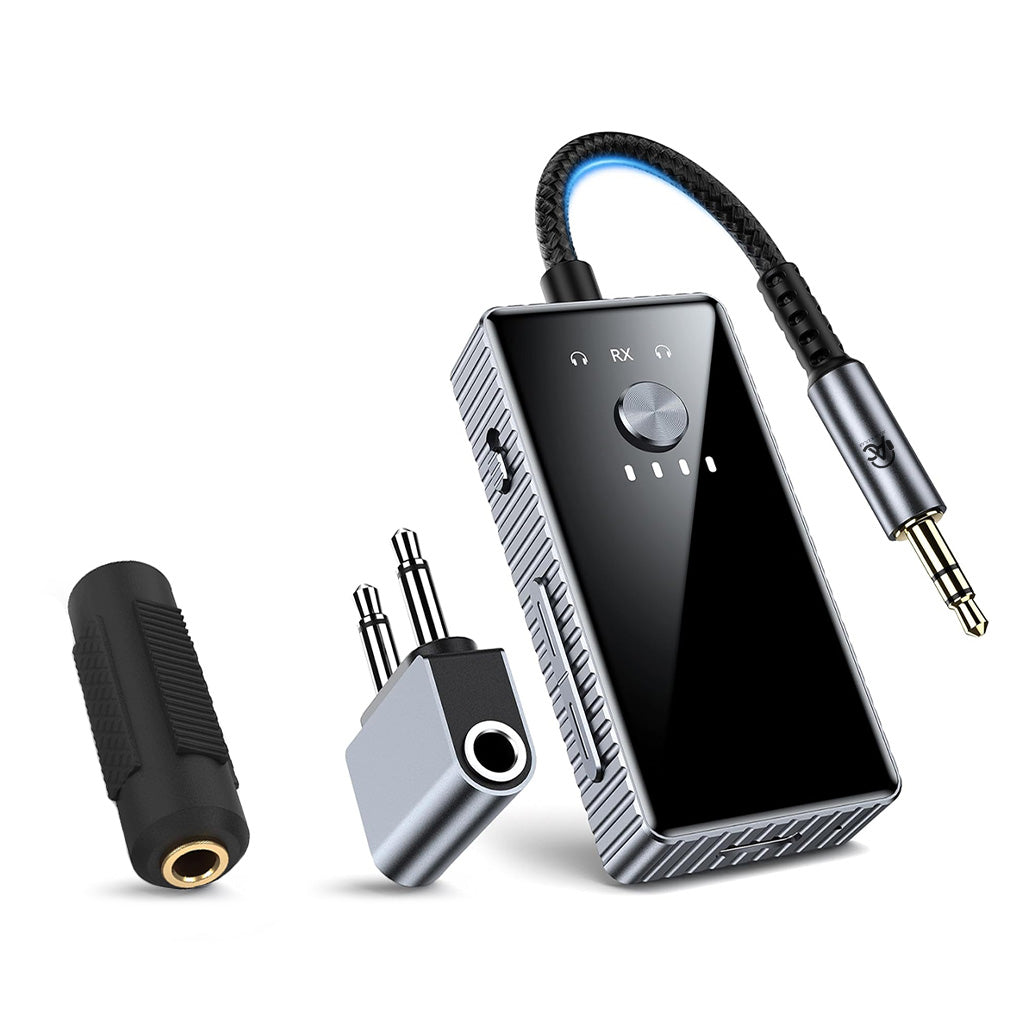 AUDIOCULAR – EB01 Bluetooth Transmitter with sleek design, 3.5mm jack, and included adapters for versatile wireless audio connectivity.