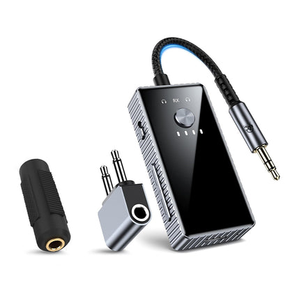 AUDIOCULAR – EB01 Bluetooth Transmitter with sleek design, 3.5mm jack, and included adapters for versatile wireless audio connectivity.