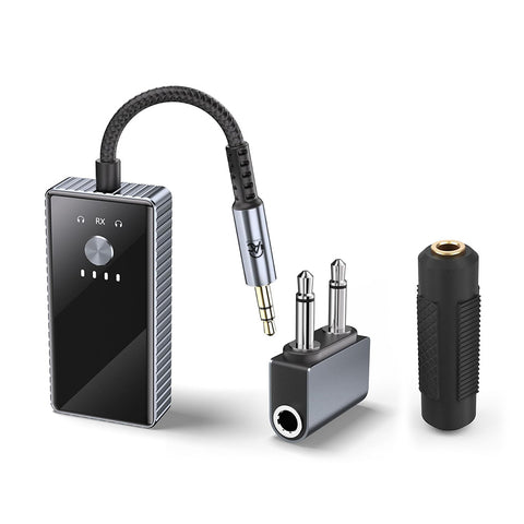 AUDIOCULAR – EB01 Bluetooth Receiver/Transmitter with 3.5mm jack, dual adapter, and female connector for wireless audio streaming.