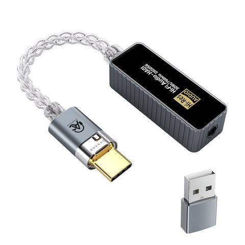 Audiocular x KinMax HA01 Portable CS43198 + CT7601 DAC & Amplifier with USB-C and USB-A adapters, ideal for high-res audio playback on the go.