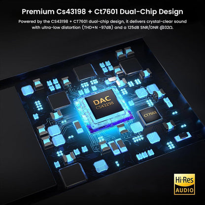 Close-up of CS43198 + CT7601 dual-chip layout in the Audiocular x KinMax HA01 DAC & Amplifier, delivering ultra-low distortion and high SNR.