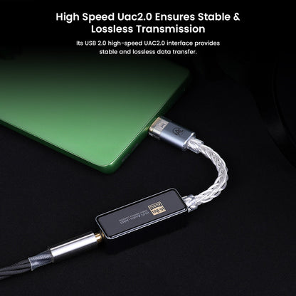 Audiocular x KinMax HA01 DAC & Amp connected via USB-C to a laptop, featuring USB 2.0 UAC2.0 interface for stable and lossless audio transmission.