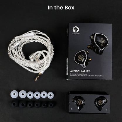 Complete box contents of AUDIOCULAR LEX In Ear Monitor including ear tips, silver cable, and packaging for a premium unboxing experience.