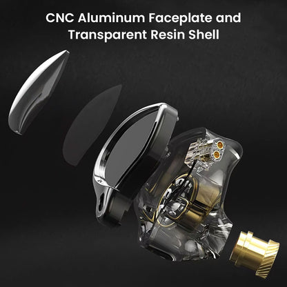 Transparent shell and CNC aluminum faceplate of AUDIOCULAR LEX In Ear Monitor, combining durability with a modern aesthetic.