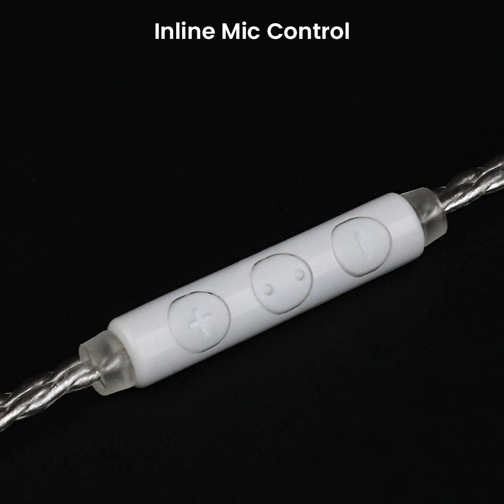 Inline mic control on AUDIOCULAR LEX In Ear Monitor cable with multifunction buttons for volume and call management.
