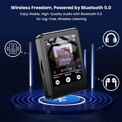 AUDIOCULAR M01 MP3 player with Bluetooth 5.0 for wireless listening, shown with headphone and speaker icons.