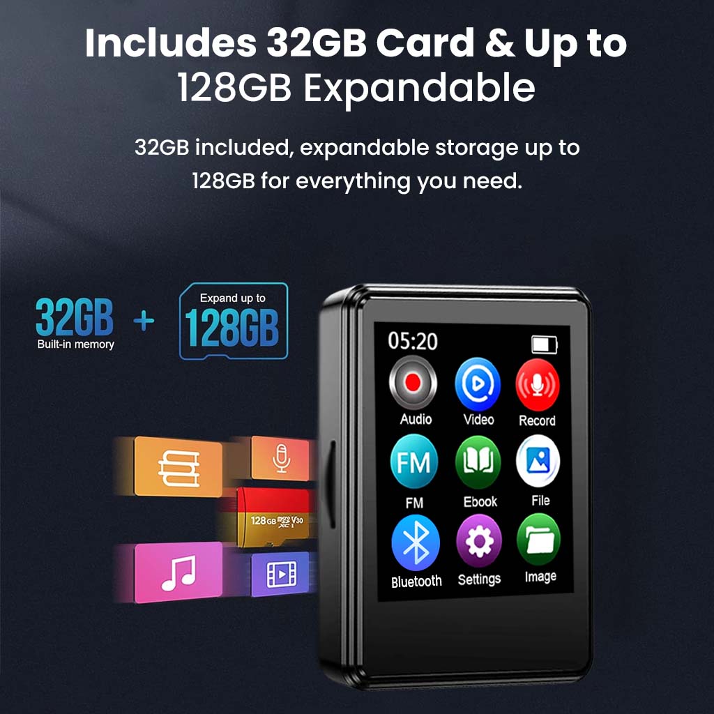 AUDIOCULAR M01 MP3 player includes 32GB memory and supports up to 128GB expandable storage for music and files.