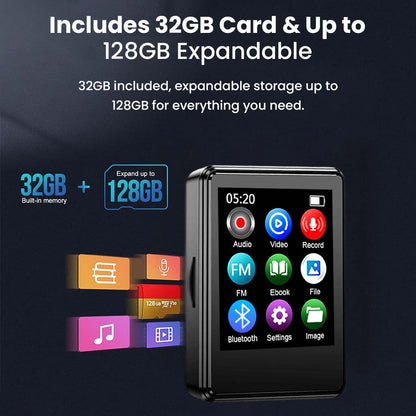 AUDIOCULAR M01 MP3 player includes 32GB memory and supports up to 128GB expandable storage for music and files.