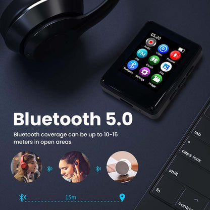 Bluetooth 5.0 enabled AUDIOCULAR M01 MP3 player with 10–15 meter range, ideal for wireless audio in open areas.