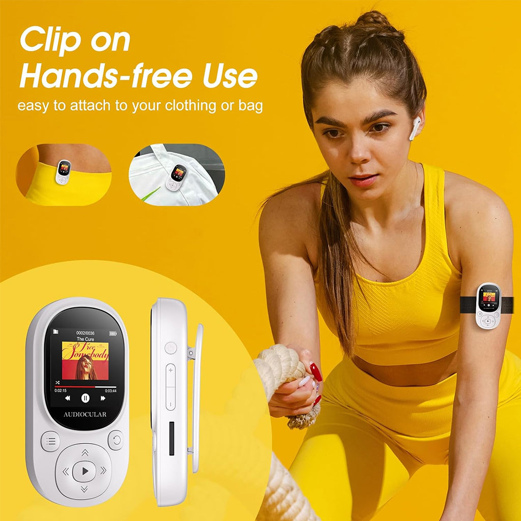 AUDIOCULAR M11 Mp3 Player in white with built-in FM radio, ideal for relaxing and tuning into favorite stations on the go.