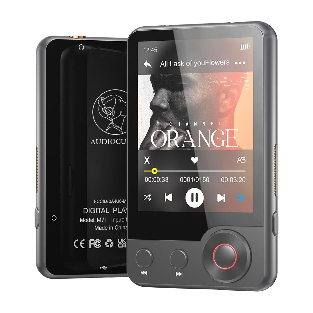 Front and back view of AUDIOCULAR M71 Portable Mp3 Music Player showcasing its sleek design and playback interface with album art display.