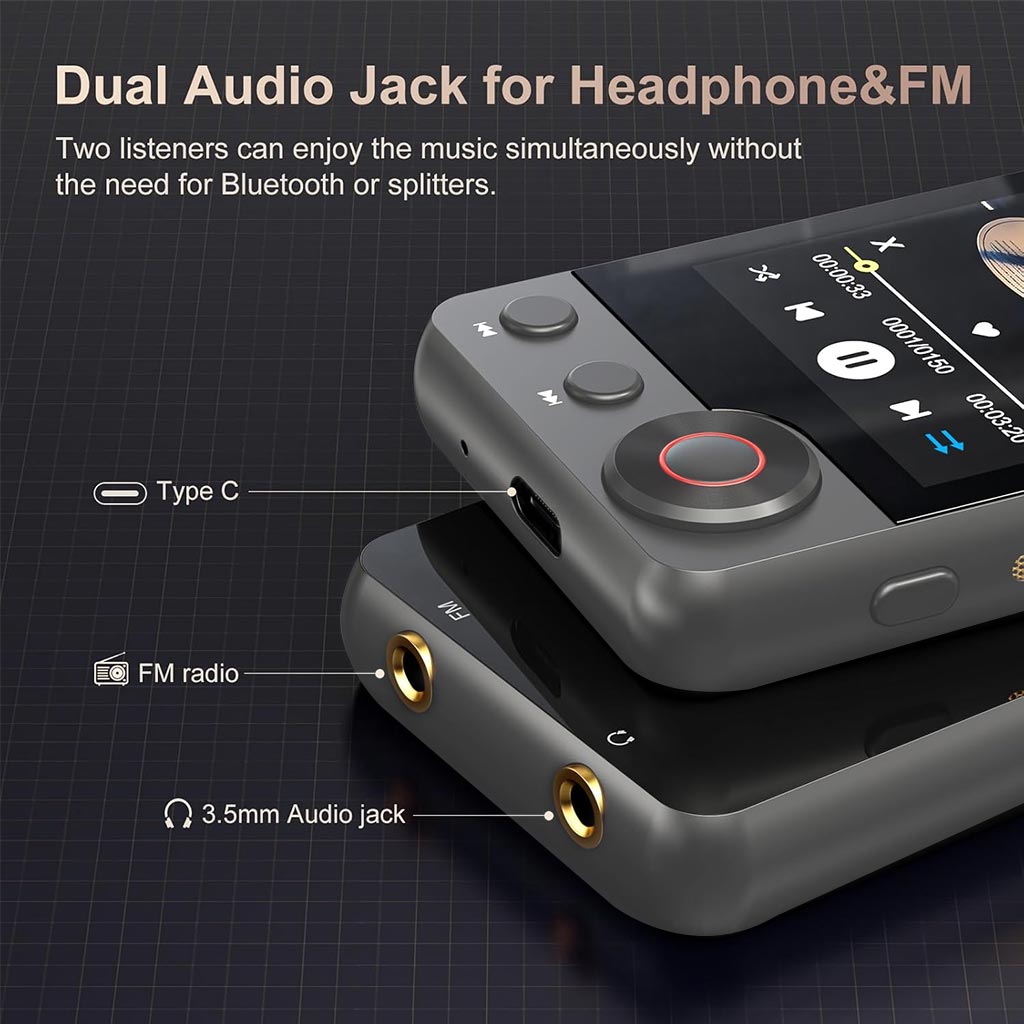 Close-up of AUDIOCULAR M71 Mp3 Player's dual 3.5mm audio jacks and Type C port, supporting simultaneous headphone use and FM radio.