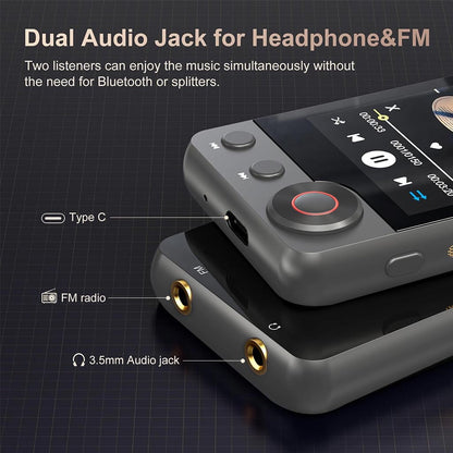 Close-up of AUDIOCULAR M71 Mp3 Player's dual 3.5mm audio jacks and Type C port, supporting simultaneous headphone use and FM radio.