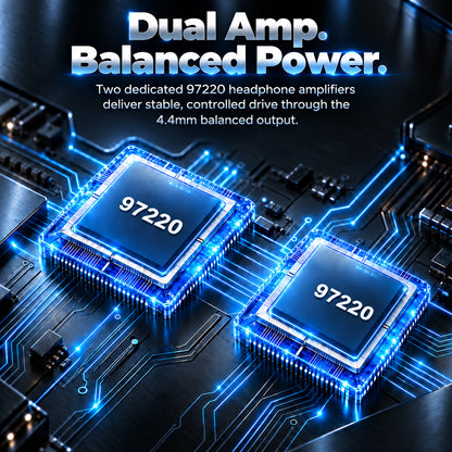 Infographic displaying dual 97220 headphone amplifiers and 4.4mm balanced output, emphasizing powerful, stable audio performance
