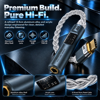 Smartphone connected to the AUDIOCULAR DAC & amp via braided silver cable, with a focus on balanced power and refined detail