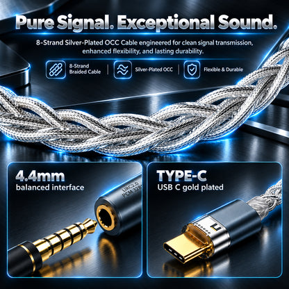 Close-up of silver-plated OCC braided audio cable with gold-plated Type-C connector, designed for high-quality portable audio devices