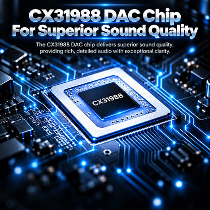 Graphic showcasing the CX31988 DAC chip on a circuit board with glowing blue accents, highlighting high-resolution audio quality