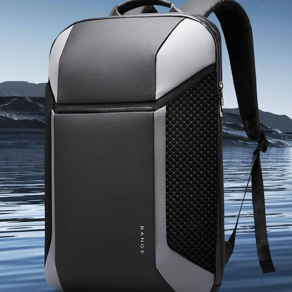 BANGE 7710 leather laptop backpack displayed against a water-themed background, emphasizing its waterproof design.