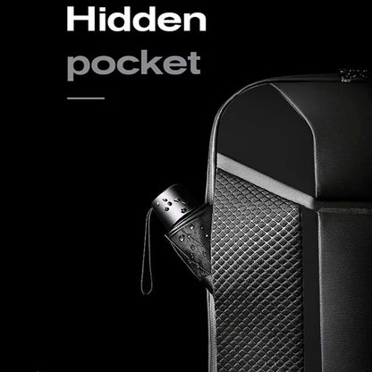 Close-up of hidden pocket on BANGE 7710 leather laptop bag, ideal for securing small valuables while traveling.