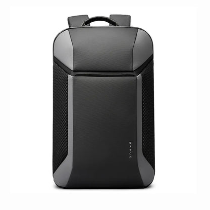 Front view of BANGE 7710 leather laptop backpack in dual-tone black and grey, combining style and functionality.