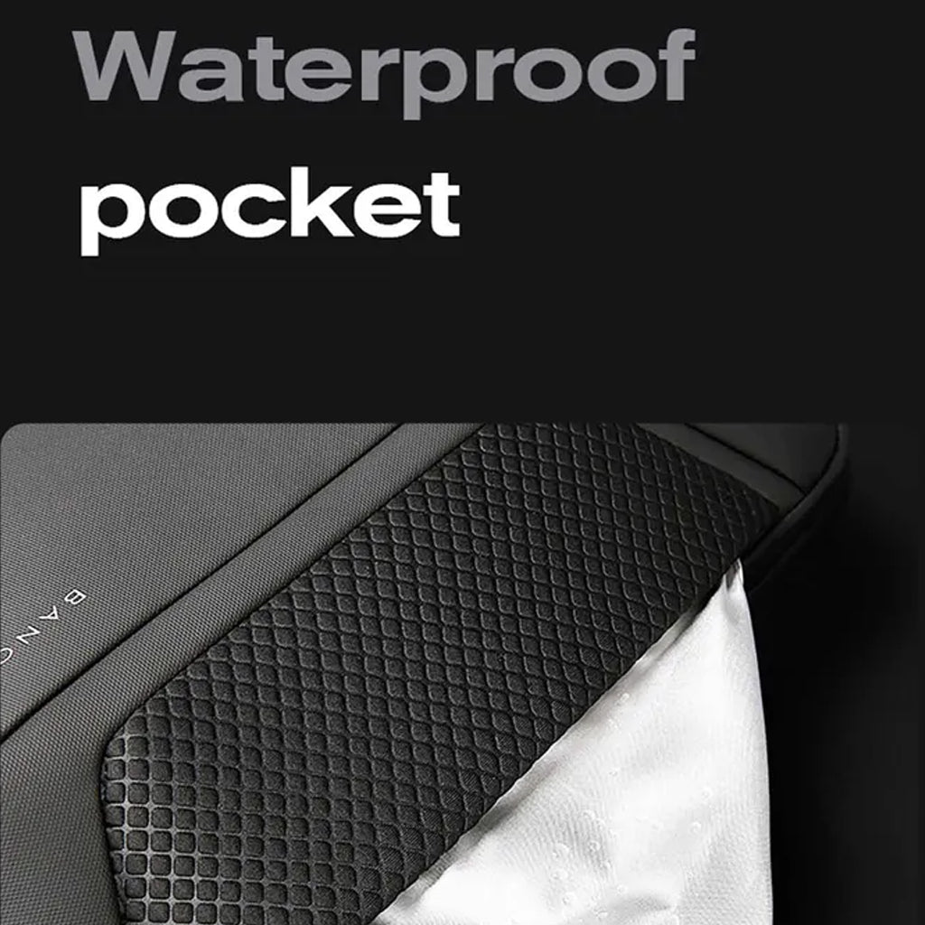 Waterproof pocket feature of BANGE 7710 leather laptop bag, designed to protect contents from rain and spills.