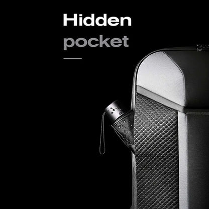 Hidden pocket feature of BANGE 7710 leather laptop bag shown storing a compact umbrella for added convenience.