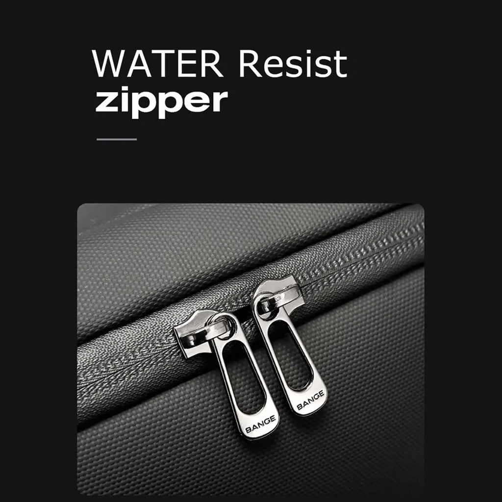 Premium water-resistant zippers on BANGE 7710 leather laptop bag, enhancing durability and security for daily use.