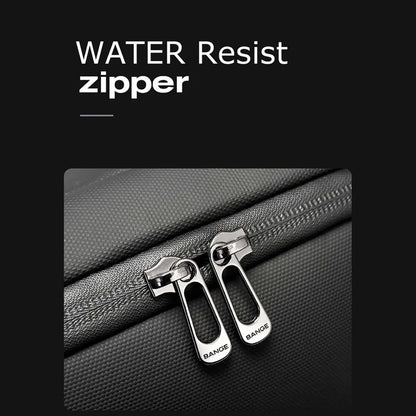 Close-up of water-resistant zippers on BANGE 7710 leather laptop bag, ensuring secure closure in all weather conditions.